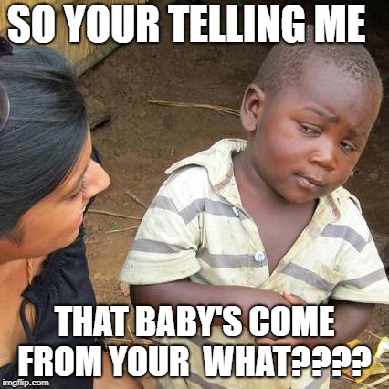 Third World Skeptical Kid | SO YOUR TELLING ME; THAT BABY'S COME FROM YOUR 
WHAT???? | image tagged in memes,third world skeptical kid | made w/ Imgflip meme maker