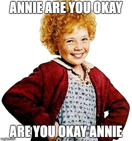 annie | ANNIE ARE YOU OKAY; ARE YOU OKAY ANNIE | image tagged in annie | made w/ Imgflip meme maker