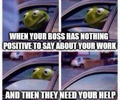 Kermit rolls up window | WHEN YOUR BOSS HAS NOTHING POSITIVE TO SAY ABOUT YOUR WORK; AND THEN THEY NEED YOUR HELP | image tagged in kermit rolls up window,memes,funny memes,work,boss | made w/ Imgflip meme maker