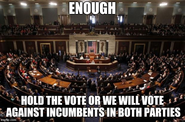 congress | ENOUGH; HOLD THE VOTE OR WE WILL VOTE AGAINST INCUMBENTS IN BOTH PARTIES | image tagged in congress | made w/ Imgflip meme maker
