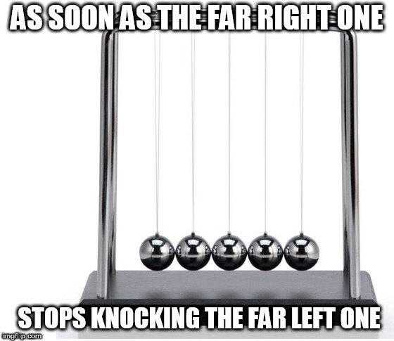 AS SOON AS THE FAR RIGHT ONE STOPS KNOCKING THE FAR LEFT ONE | made w/ Imgflip meme maker