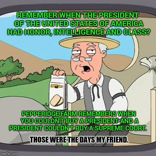 Remember When Presidents Had Honor. | REMEMBER WHEN THE PRESIDENT OF THE UNITED STATES OF AMERICA HAD HONOR, INTELLIGENCE AND CLASS? PEPPERIDGE FARM REMEMBERS WHEN YOU COULDN'T BUY A PRESIDENT AND A PRESIDENT COULDN'T BUY A SUPREME COURT. THOSE WERE THE DAYS MY FRIEND. | image tagged in memes,pepperidge farm remembers,meme,dishonorable donald,common sense,loyalty | made w/ Imgflip meme maker