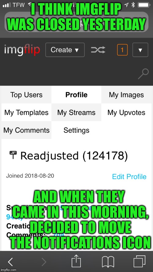 My submissions sat there all day |  I THINK IMGFLIP WAS CLOSED YESTERDAY; AND WHEN THEY CAME IN THIS MORNING, DECIDED TO MOVE THE NOTIFICATIONS ICON | image tagged in someone took a day off,change can be good,or not,tbh i hate change,but i still like imgflip | made w/ Imgflip meme maker