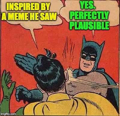 Batman Slapping Robin Meme | INSPIRED BY A MEME HE SAW YES.  PERFECTLY PLAUSIBLE | image tagged in memes,batman slapping robin | made w/ Imgflip meme maker