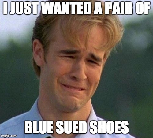 1990s First World Problems Meme | I JUST WANTED A PAIR OF; BLUE SUED SHOES | image tagged in memes,1990s first world problems | made w/ Imgflip meme maker