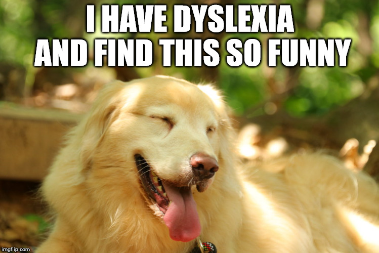 Dog laughing | I HAVE DYSLEXIA AND FIND THIS SO FUNNY | image tagged in dog laughing | made w/ Imgflip meme maker