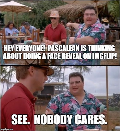 No.  I really don't think that highly of myself to imagine someone cares what I look like. Even though I'm a super hot old guy!  | HEY EVERYONE!  PASCALEAN IS THINKING ABOUT DOING A FACE REVEAL ON IMGFLIP! SEE.  NOBODY CARES. | image tagged in memes,see nobody cares,face reveal,funny,funny memes | made w/ Imgflip meme maker