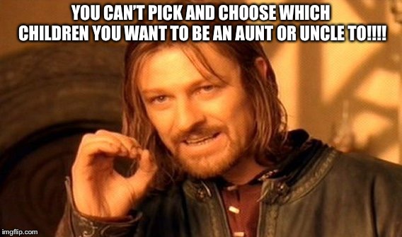 One Does Not Simply | YOU CAN’T PICK AND CHOOSE WHICH CHILDREN YOU WANT TO BE AN AUNT OR UNCLE TO!!!! | image tagged in memes,one does not simply | made w/ Imgflip meme maker