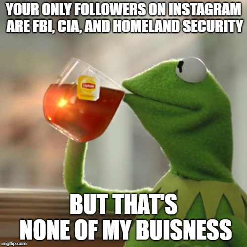 But That's None Of My Business | YOUR ONLY FOLLOWERS ON INSTAGRAM ARE FBI, CIA, AND HOMELAND SECURITY; BUT THAT'S NONE OF MY BUISNESS | image tagged in memes,but thats none of my business,kermit the frog | made w/ Imgflip meme maker