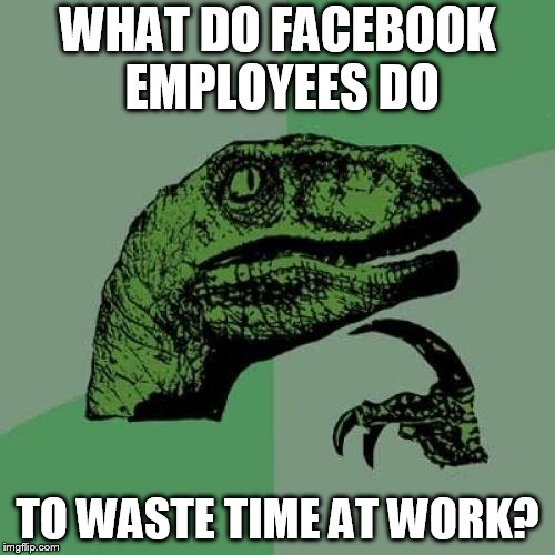 Philosoraptor | WHAT DO FACEBOOK EMPLOYEES DO; TO WASTE TIME AT WORK? | image tagged in memes,philosoraptor | made w/ Imgflip meme maker