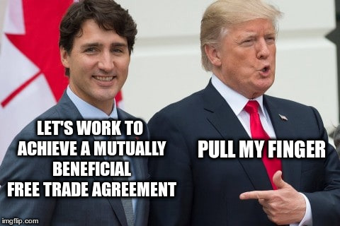 "Negotiating" in the Trump era. | LET'S WORK TO ACHIEVE A MUTUALLY BENEFICIAL FREE TRADE AGREEMENT; PULL MY FINGER | image tagged in trudeau,trump,canada,nafta,free trade,humor | made w/ Imgflip meme maker