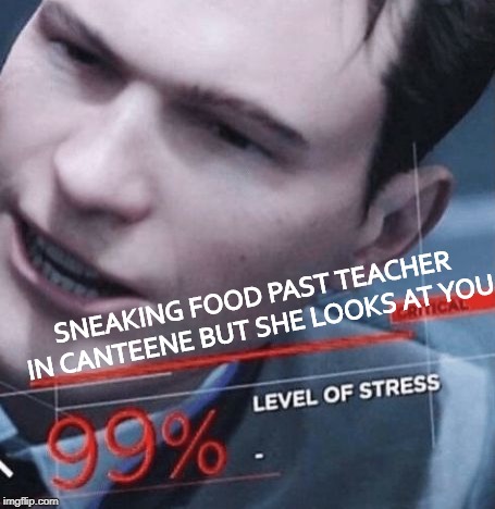 Level of stress | SNEAKING FOOD PAST TEACHER IN CANTEENE BUT SHE LOOKS AT YOU | image tagged in level of stress | made w/ Imgflip meme maker