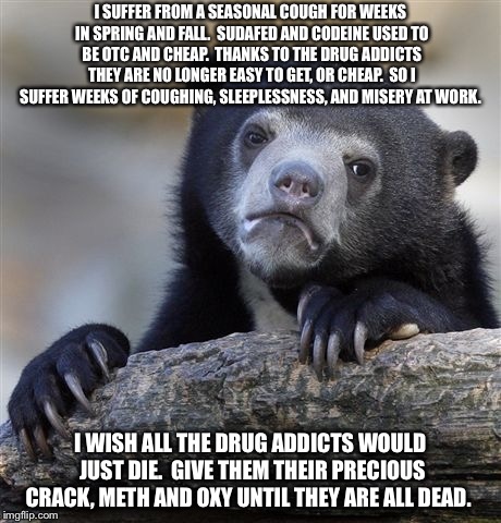 Confession Bear Meme | I SUFFER FROM A SEASONAL COUGH FOR WEEKS IN SPRING AND FALL.  SUDAFED AND CODEINE USED TO BE OTC AND CHEAP.  THANKS TO THE DRUG ADDICTS THEY ARE NO LONGER EASY TO GET, OR CHEAP.  SO I SUFFER WEEKS OF COUGHING, SLEEPLESSNESS, AND MISERY AT WORK. I WISH ALL THE DRUG ADDICTS WOULD JUST DIE.  GIVE THEM THEIR PRECIOUS CRACK, METH AND OXY UNTIL THEY ARE ALL DEAD. | image tagged in memes,confession bear | made w/ Imgflip meme maker