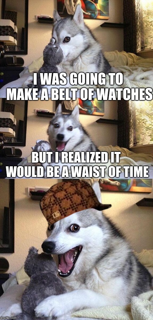 Bad Pun Dog Meme | I WAS GOING TO MAKE A BELT OF WATCHES; BUT I REALIZED IT WOULD BE A WAIST OF TIME | image tagged in memes,bad pun dog,scumbag | made w/ Imgflip meme maker