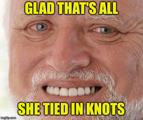 harold smiling | GLAD THAT'S ALL SHE TIED IN KNOTS | image tagged in harold smiling | made w/ Imgflip meme maker