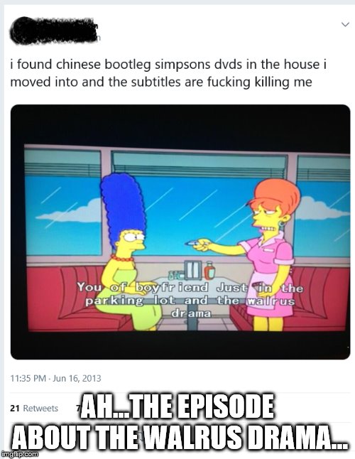 AH...THE EPISODE ABOUT THE WALRUS DRAMA... | image tagged in simpsons,bootleg,chinese,translation fail | made w/ Imgflip meme maker