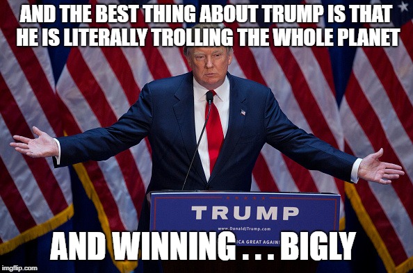 Donald Trump | AND THE BEST THING ABOUT TRUMP IS THAT HE IS LITERALLY TROLLING THE WHOLE PLANET AND WINNING . . . BIGLY | image tagged in donald trump | made w/ Imgflip meme maker