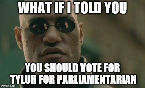 Matrix Morpheus | WHAT IF I TOLD YOU; YOU SHOULD VOTE FOR TYLUR FOR PARLIAMENTARIAN | image tagged in memes,matrix morpheus | made w/ Imgflip meme maker