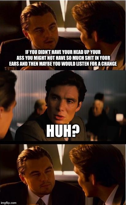 Inception | IF YOU DIDN’T HAVE YOUR HEAD UP YOUR ASS YOU MIGHT NOT HAVE SO MUCH SHIT IN YOUR EARS AND THEN MAYBE YOU WOULD LISTEN FOR A CHANGE; HUH? | image tagged in memes,inception | made w/ Imgflip meme maker