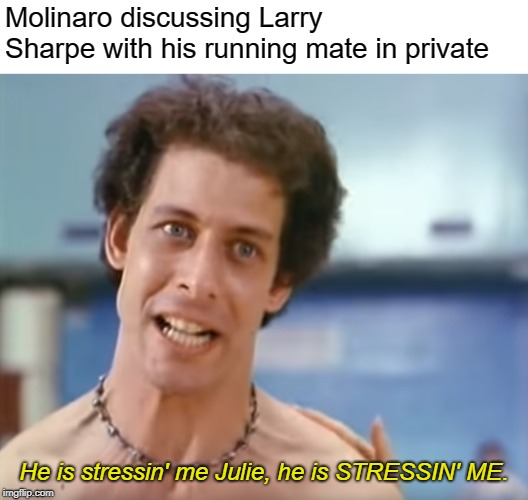 Marc Molinaro and Julie Killian Talking About Larry Sharpe | Molinaro discussing Larry Sharpe with his running mate in private; He is stressin' me Julie, he is STRESSIN' ME. | image tagged in larry sharpe,marc molinaro,the toxic avenger,80s movies | made w/ Imgflip meme maker