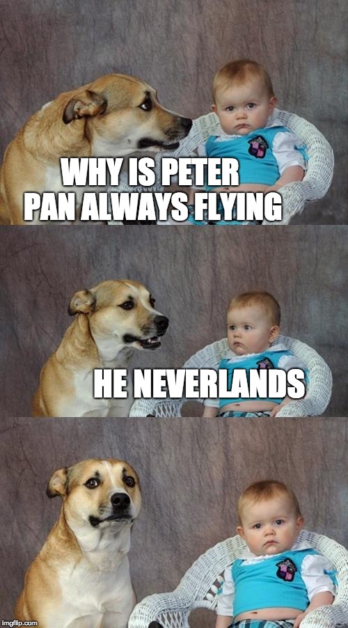 Peter Pan Neverlands | WHY IS PETER PAN ALWAYS FLYING; HE NEVERLANDS | image tagged in memes,dad joke dog | made w/ Imgflip meme maker
