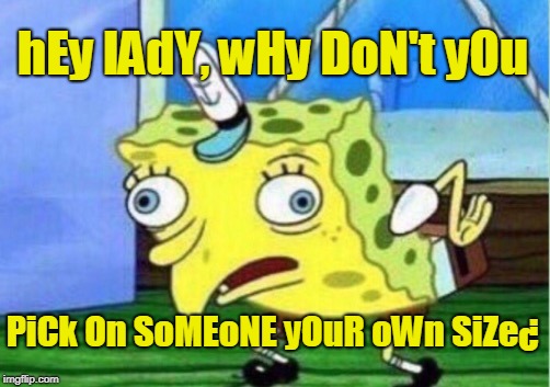 Mocking Spongebob Meme | hEy lAdY, wHy DoN't yOu PiCk On SoMEoNE yOuR oWn SiZe¿ | image tagged in memes,mocking spongebob | made w/ Imgflip meme maker
