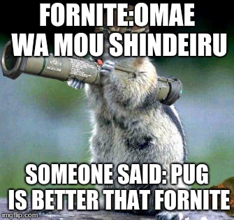 Bazooka Squirrel | FORNITE:OMAE WA MOU SHINDEIRU; SOMEONE SAID: PUG IS BETTER THAT FORNITE | image tagged in memes,bazooka squirrel | made w/ Imgflip meme maker