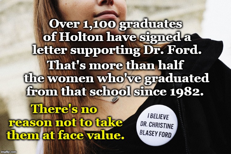 Over 1,100 graduates of Holton have signed a letter supporting Dr. Ford. That's more than half the women who've graduated from that school since 1982. There's no reason not to take them at face value. | image tagged in christine blasey ford,brett kavanaugh,holton,women | made w/ Imgflip meme maker