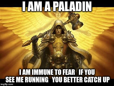 Paladin | I AM A PALADIN; I AM IMMUNE TO FEAR   IF YOU SEE ME RUNNING   YOU BETTER CATCH UP | image tagged in paladin | made w/ Imgflip meme maker