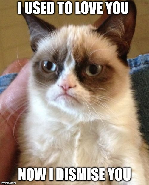 Grumpy Cat | I USED TO LOVE YOU; NOW I DISMISE YOU | image tagged in memes,grumpy cat | made w/ Imgflip meme maker