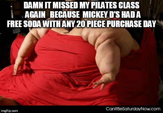 DAMN IT MISSED MY PILATES CLASS  AGAIN 

BECAUSE  MICKEY D'S HAD A FREE SODA WITH ANY 20 PIECE PURCHASE DAY | made w/ Imgflip meme maker