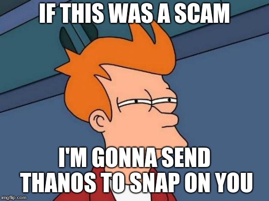 IF THIS WAS A SCAM I'M GONNA SEND THANOS TO SNAP ON YOU | image tagged in memes,futurama fry | made w/ Imgflip meme maker