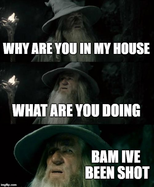 Confused Gandalf Meme | WHY ARE YOU IN MY HOUSE; WHAT ARE YOU DOING; BAM IVE BEEN SHOT | image tagged in memes,confused gandalf | made w/ Imgflip meme maker
