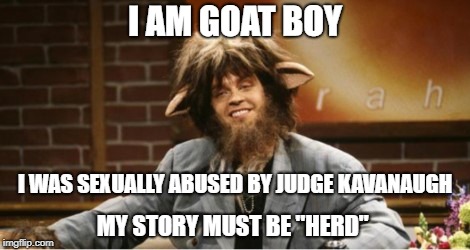 I AM GOAT BOY; I WAS SEXUALLY ABUSED BY JUDGE KAVANAUGH; MY STORY MUST BE "HERD" | image tagged in brett kavanaugh,kavanaugh | made w/ Imgflip meme maker