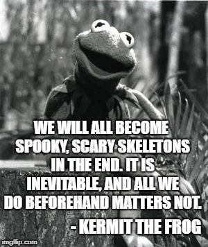 Like if you got that reference | WE WILL ALL BECOME SPOOKY, SCARY SKELETONS IN THE END. IT IS INEVITABLE, AND ALL WE DO BEFOREHAND MATTERS NOT. - KERMIT THE FROG | image tagged in kermit vintage photo | made w/ Imgflip meme maker