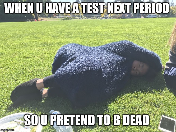 WHEN U HAVE A TEST NEXT PERIOD; SO U PRETEND TO B DEAD | image tagged in dead,tests,fake | made w/ Imgflip meme maker
