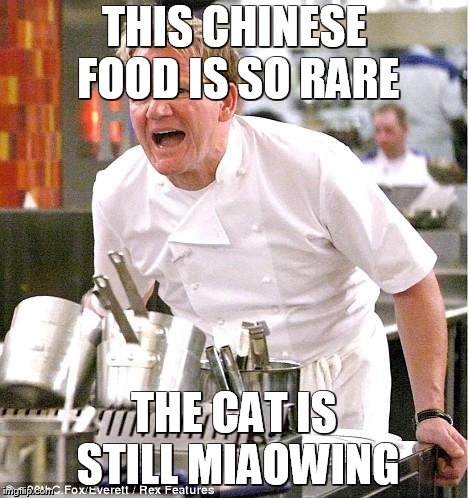 Chef Gordon Ramsay | THIS CHINESE FOOD IS SO RARE; THE CAT IS STILL MIAOWING | image tagged in memes,chef gordon ramsay | made w/ Imgflip meme maker