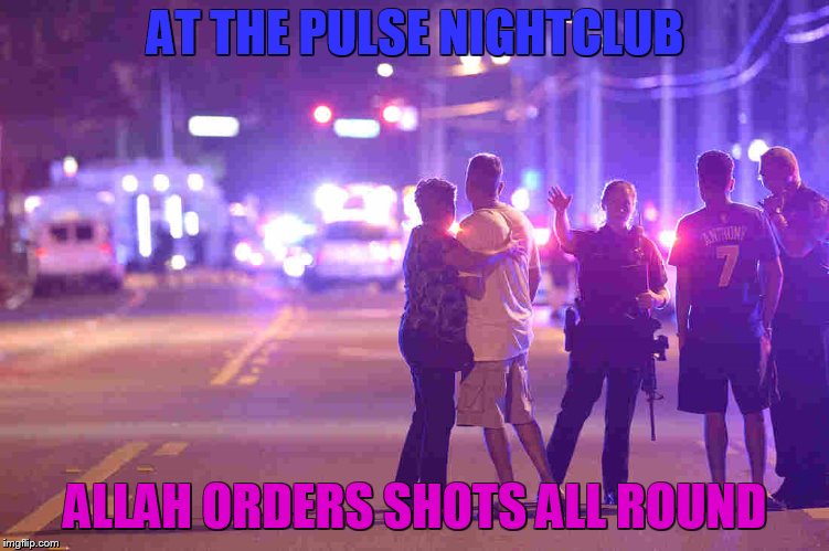 An old but funny pun | AT THE PULSE NIGHTCLUB; ALLAH ORDERS SHOTS ALL ROUND | image tagged in pulse,puns,lgbt,lgbtq,omar mateen,islam | made w/ Imgflip meme maker