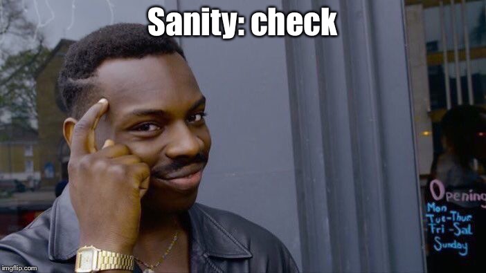 Roll Safe Think About It Meme | Sanity: check | image tagged in memes,roll safe think about it | made w/ Imgflip meme maker