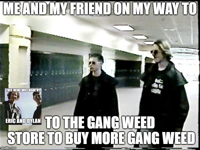 Columbine Shooter | ME AND MY FRIEND ON MY WAY TO; TO THE GANG WEED STORE TO BUY MORE GANG WEED | image tagged in columbine shooter | made w/ Imgflip meme maker