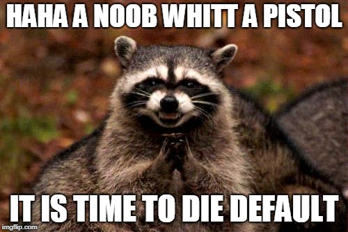 Evil Plotting Raccoon | HAHA A NOOB WHITT A PISTOL; IT IS TIME TO DIE DEFAULT | image tagged in memes,evil plotting raccoon | made w/ Imgflip meme maker
