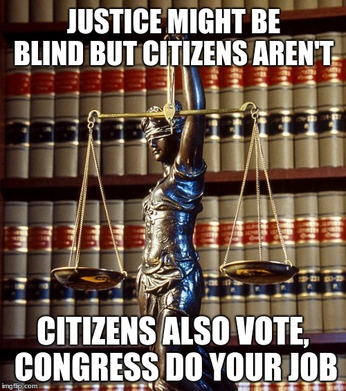 law library books justice tyranny | JUSTICE MIGHT BE BLIND BUT CITIZENS AREN'T; CITIZENS ALSO VOTE, CONGRESS DO YOUR JOB | image tagged in law library books justice tyranny | made w/ Imgflip meme maker