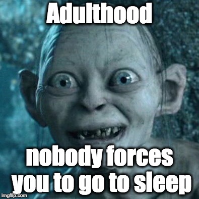 Old enough | Adulthood; nobody forces you to go to sleep | image tagged in memes,gollum,adulthood,sleeping,sleep,no reason to sleep | made w/ Imgflip meme maker