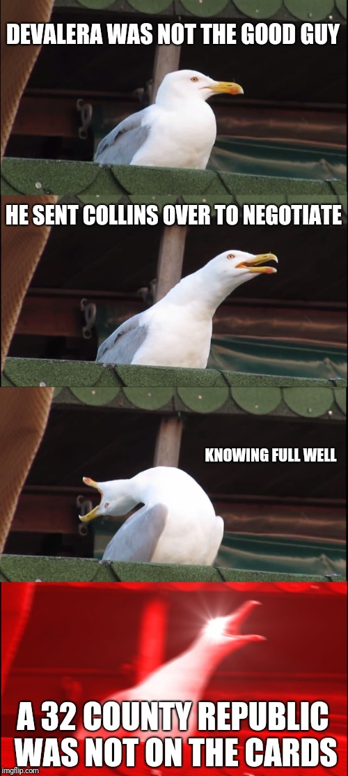 Inhaling Seagull | DEVALERA WAS NOT THE GOOD GUY; HE SENT COLLINS OVER TO NEGOTIATE; KNOWING FULL WELL; A 32 COUNTY REPUBLIC WAS NOT ON THE CARDS | image tagged in memes,inhaling seagull | made w/ Imgflip meme maker