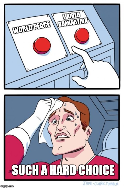 Two Buttons | WORLD DOMINATION; WORLD PEACE; SUCH A HARD CHOICE | image tagged in memes,two buttons | made w/ Imgflip meme maker