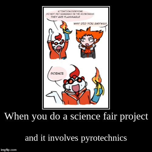 No Pyrotechnics, Please! | When you do a science fair project | and it involves pyrotechnics | image tagged in funny,demotivationals,science fair,pyrotechnics,banana science,pokemon xy | made w/ Imgflip demotivational maker