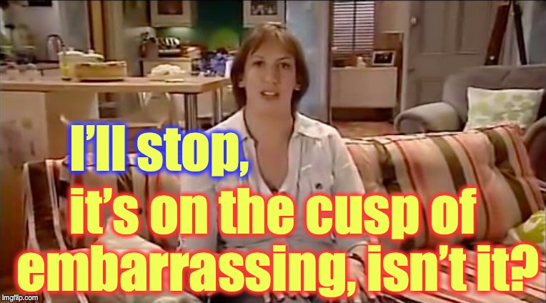 Miranda Hart — Cusp |  I’ll stop, it’s on the cusp of embarrassing, isn’t it? | image tagged in miranda hart  cusp | made w/ Imgflip meme maker