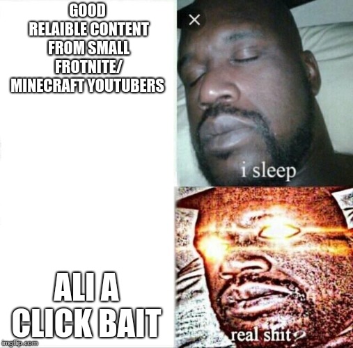 Sleeping Shaq Meme | GOOD RELAIBLE CONTENT FROM SMALL FROTNITE/ MINECRAFT YOUTUBERS; ALI A CLICK BAIT | image tagged in memes,sleeping shaq | made w/ Imgflip meme maker