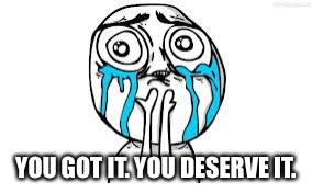 Crying Because Of Cute Meme | YOU GOT IT. YOU DESERVE IT. | image tagged in memes,crying because of cute | made w/ Imgflip meme maker