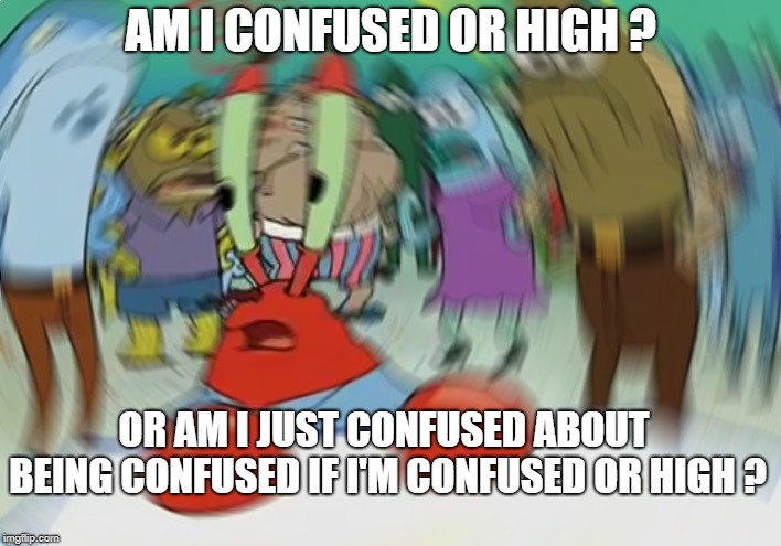 Mr Krabs Blur Meme Meme | AM I CONFUSED OR HIGH ? OR AM I JUST CONFUSED ABOUT BEING CONFUSED IF I'M CONFUSED OR HIGH ? | image tagged in memes,mr krabs blur meme | made w/ Imgflip meme maker